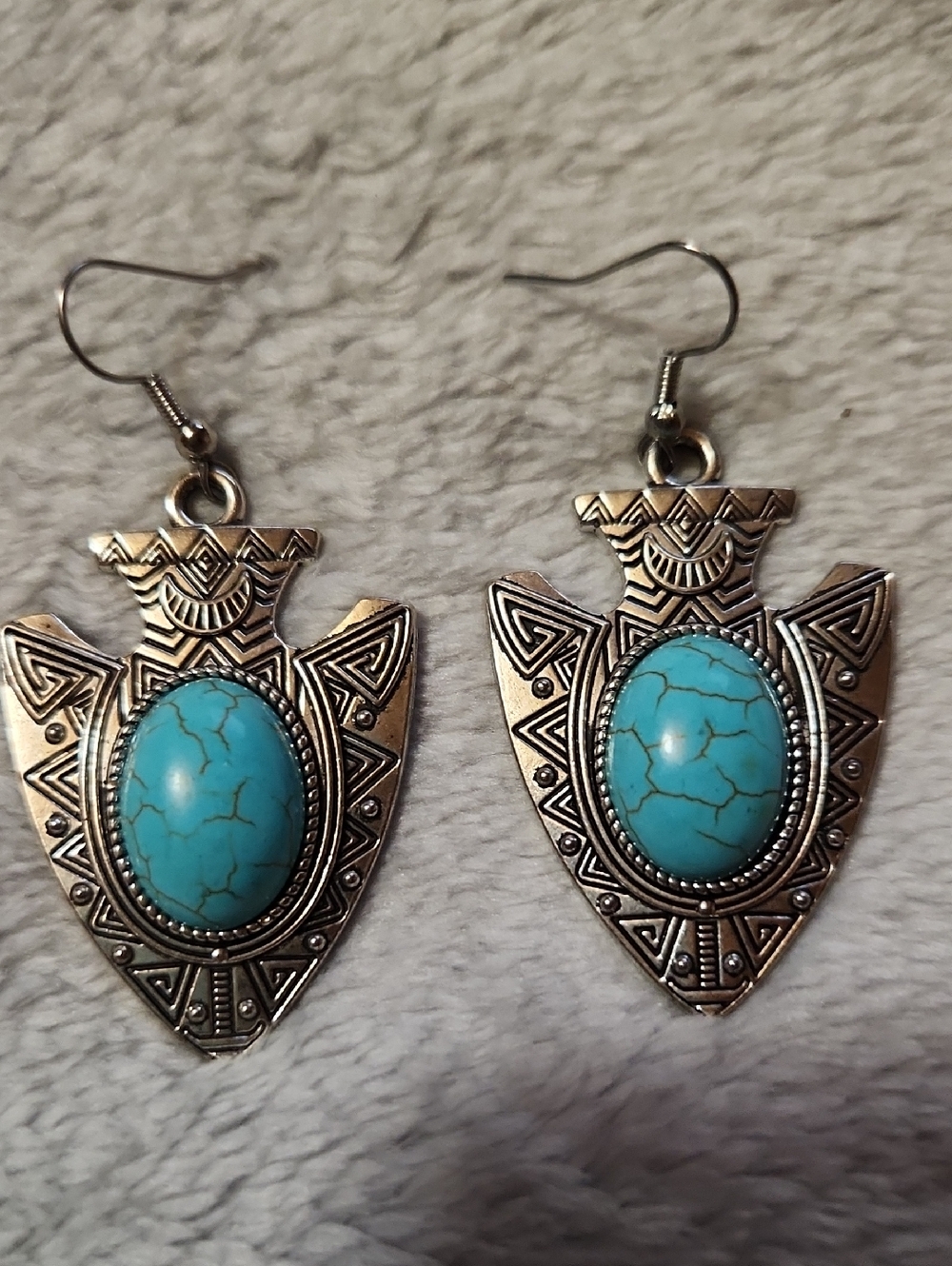Turquoise Stone Silver Tribal Drop Earrings - Blue